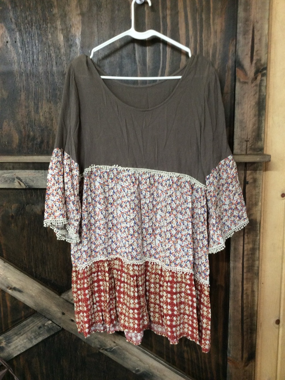 Boho Patchwork Floral and Plaid Women’s Top - Brown/Red